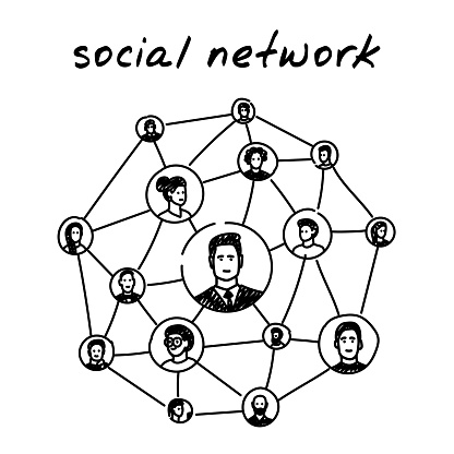 Social network handdrawn illustration. Cartoon clip art of a global social networking concept with scheme of connections and data exchanges. Black and white sketch of people portraits connected