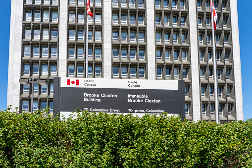 Ottawa, Ontario, Canada - August 8, 2020: Health Canada Brooke Claxton building and sign are pictured in Ottawa on August 8, 2020. Health Canada is the department of the Government of Canada.