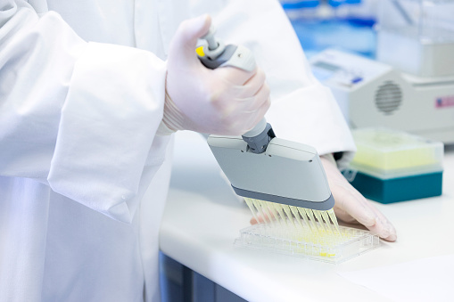 A lab technician fills a well plate with antibody tests