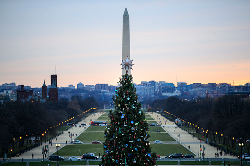 A view of the Washington Monument, National Mall and Capitol Christmas tree