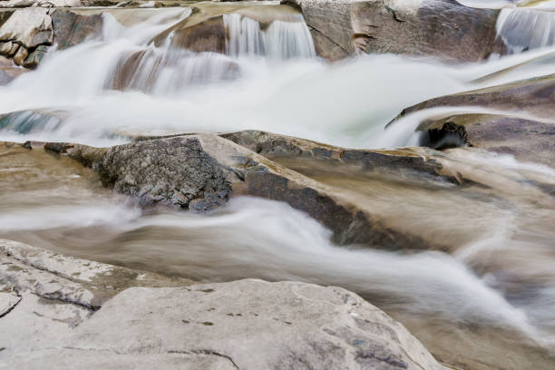 istock Waterfall with blurry water because it was photographed at long shutter speed. Waterfall in the mountain river with big rocks. Travelling in quarantine period. Nature landscape. Karpathians mountains 1282388580