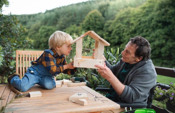 Small boy with senior grandfather in wheelchair constructing birdhouse, diy project.