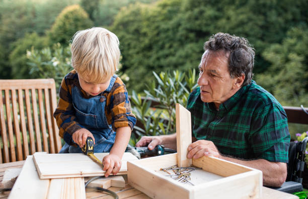 istock Small boy with senior grandfather in wheelchair constructing birdhouse, diy project. 1282389227