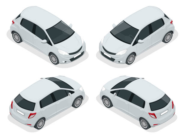 istock Isometric Subcompact Hatchback Car high quality city vehicle. Urban transport. Eco-friendly hi-tech auto. Template isolated on white View side. 1282390597