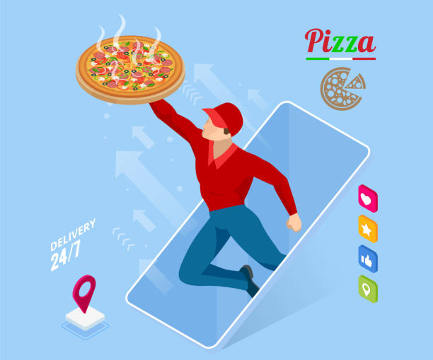 전자 상거래 개념 주문 식품 온라인 웹 사이트. 패스트푸드 피자 배달 온라인 서비스. 플랫 아이소메트릭 벡터 일러스트레이션. 광고, 인포그래픽, 게임 또는 모바일 앱 아이콘에 사용할 수 있습 - application software food pizza cheese stock illustrations
