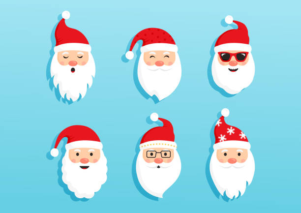 boże narodzenie święty mikołaj wektor ikony, postać głowy kreskówki, czerwony kapelusz santa, nowy rok ładny zbiór, wakacje ilustracja zimowa - christmas christmas card greeting card greeting stock illustrations