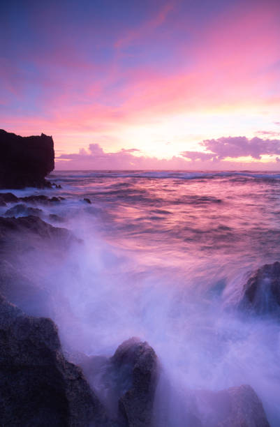 A long exposure along the seashore at sunset on beautiful Okinawa main island.