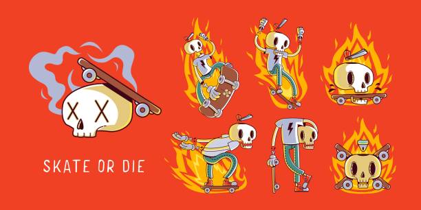 Set of funny cartoon skater skull stickers. Illustrations for t-shirts, posters, sweatshirts and souvenirs Set of funny cartoon skater skull stickers. Illustrations for t-shirts, posters, sweatshirts and souvenirs. Vector skateboard tattoo stock illustrations