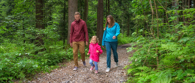 Young smiling family walking on pathway in forest. Happy parents and little girl spending time together in nature. Active relaxation in nature concept.