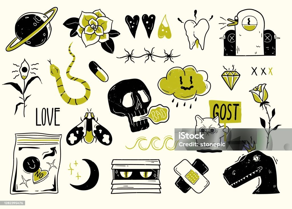 Old School Tattoo Elements Cartoon Tattoos In Funny Style Vector  Illustration Stock Illustration - Download Image Now - iStock