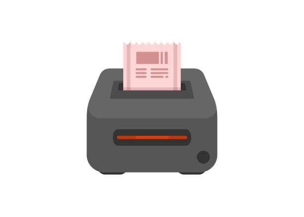 ilustrações, clipart, desenhos animados e ícones de impressora térmica com scanner de código de barras. ilustração plana simples. - print computer printer printout push button