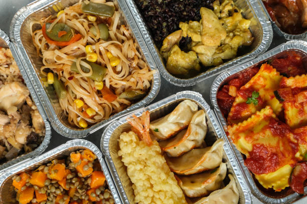 food delivery lunch box with ravioli, curry chicken rice, gyoza tempura, noodles vegetables, lentils with pumpkin - lunch box lunch box metal imagens e fotografias de stock