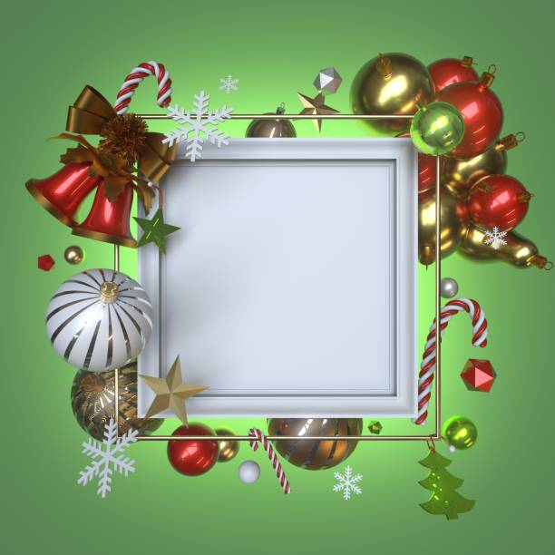 istock 3d render, Christmas white square frame with blank copy space, decorated with glass balls, festive ornaments, poinsettia flower, candy cane, stars; isolated on green background 1282397660