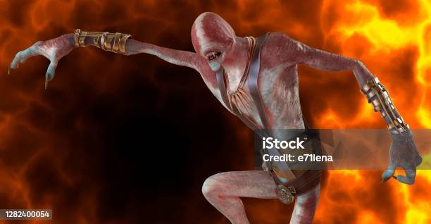 Fantsy Demon Burns In A Hellfire 3d Illustration Stock Photo - Download Image Now - Model - Object, The Human Body, Three Dimensional
