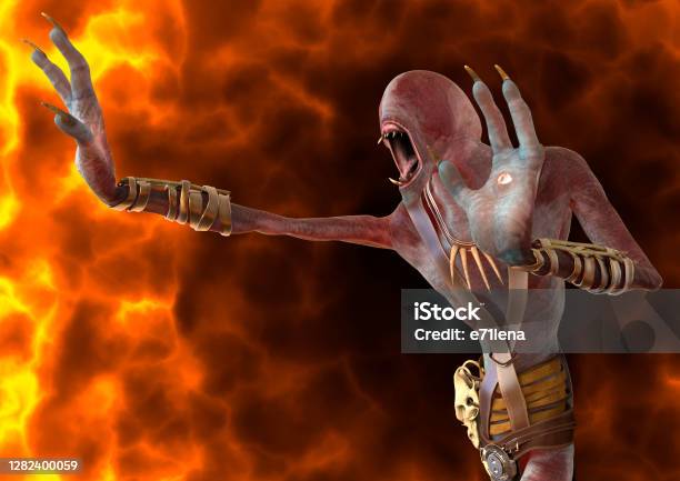 Fantsy Demon Burns In A Hellfire 3d Illustration Stock Photo - Download Image Now - Adult, Adults Only, Alien