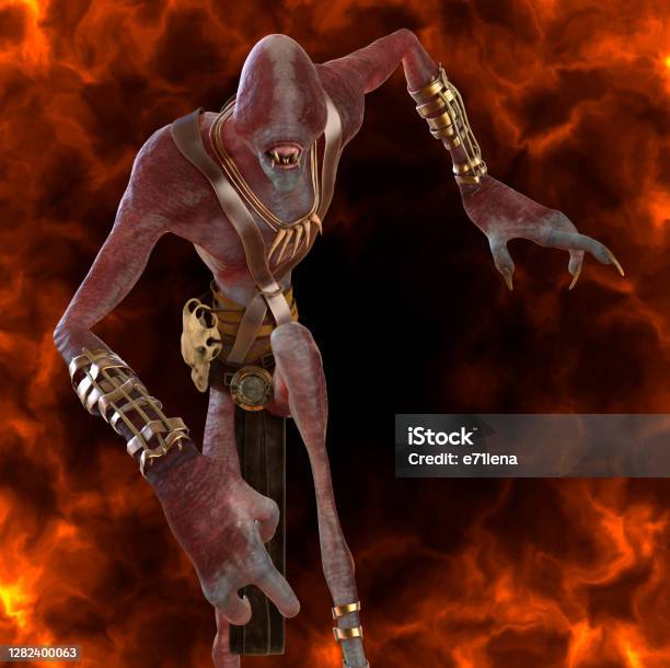 Fantsy Demon Burns In A Hellfire 3d Illustration Stock Photo - Download Image Now - Adult, Adults Only, Alien