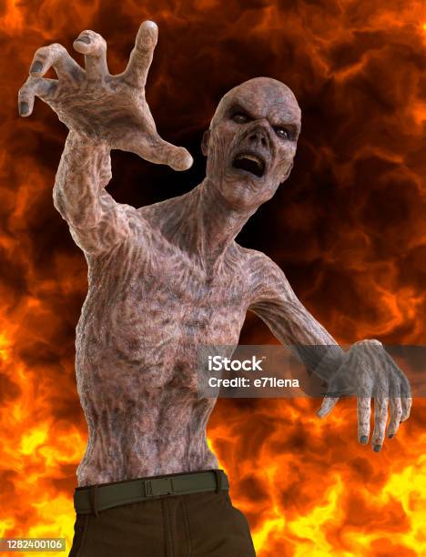 Fantsy Zombie Undead Burns In A Hellfire 3d Illustration Stock Photo - Download Image Now