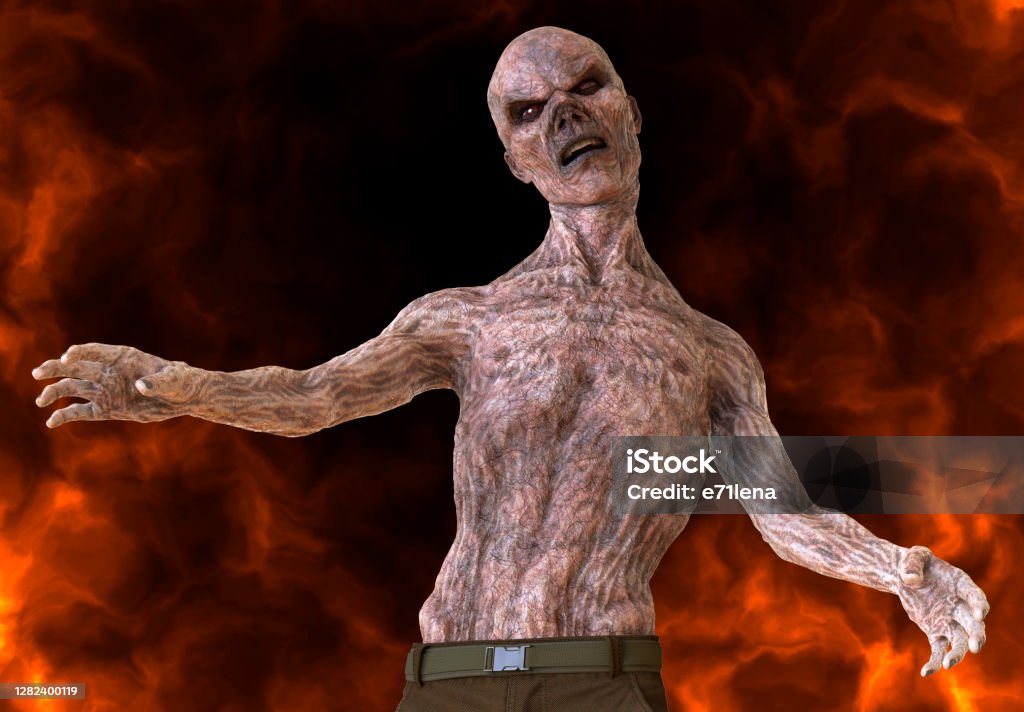 Fantsy zombie undead burns in a hellfire 3d illustration 3D illustration fantsy zombie undead burns in a hellfire Adult Stock Photo