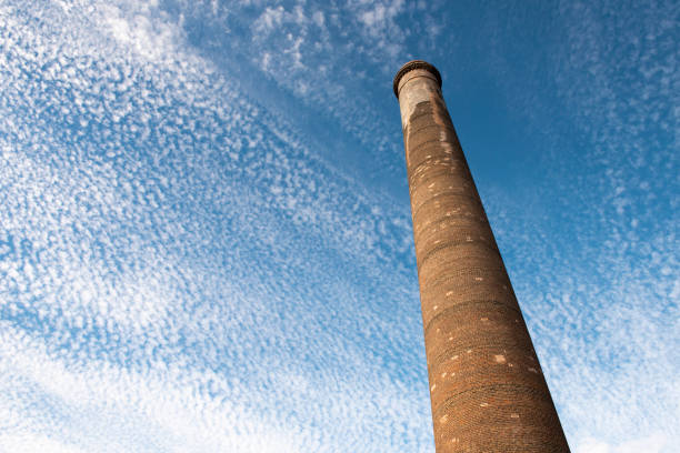 image of brick factory chimney against the blue sky