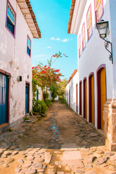 A colorful street in the historic center of Paraty. A colorful street in the historic center of Paraty. in Paraty, RJ, Brazil paraty brazil stock pictures, royalty-free photos & images