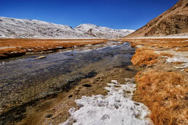 Road to Tso Kar lake, Hemis NP, Ladak, India. River with snow during winter, Himalayas. Mountain landscape in India wild nature. Sunny day with snow in the valley, blue sky with clouds.