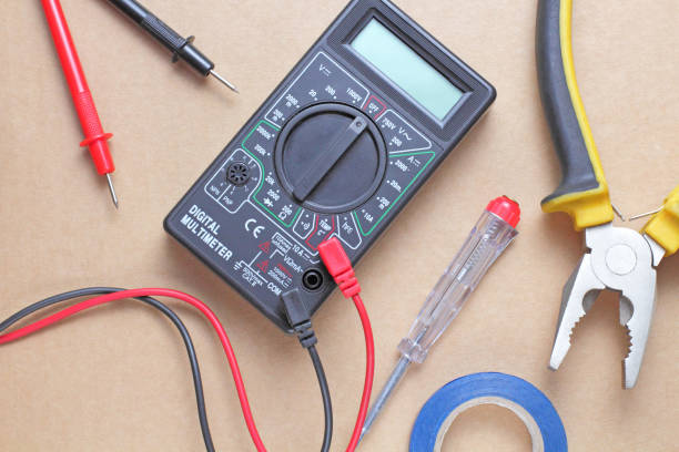 istock Flat lay, tools and equipment of an electrical engineer or professional worker on a craft background, place for text. 1282408466