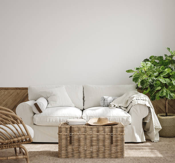 istock White cozy living room interior, Coastal Boho style 1282414119