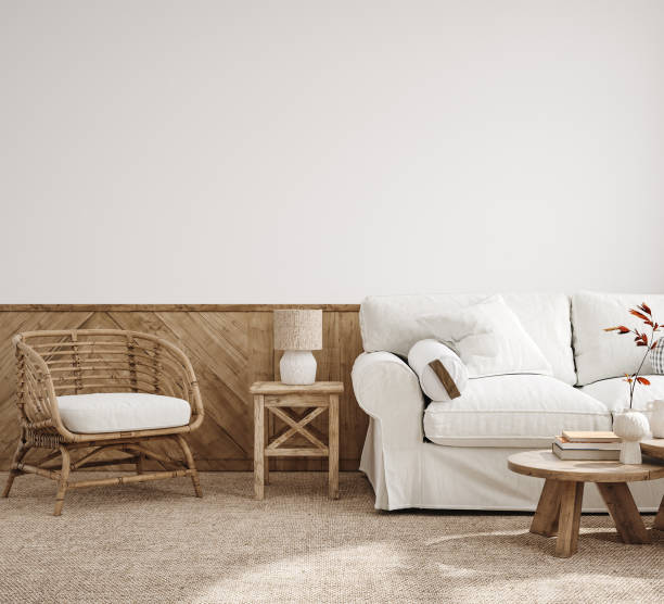 istock White cozy living room interior, Coastal Boho style 1282414121