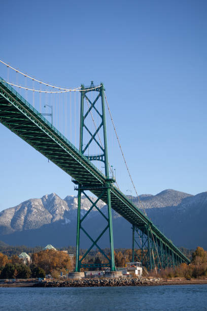 A view of the Lion's Gate Bridge and the North Shore mountains in the background taken from a boat on the water. stock photo
