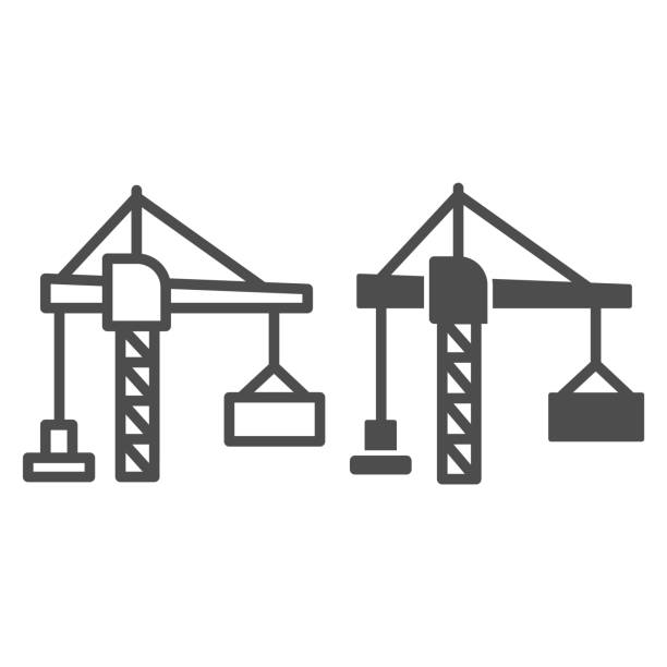 строительный кран с контейнерной линией и твердой иконой, концепция подъемных машин, знак подъемника гавани на белом фоне, подъемная икона  - башня иллюстрации stock illustrations