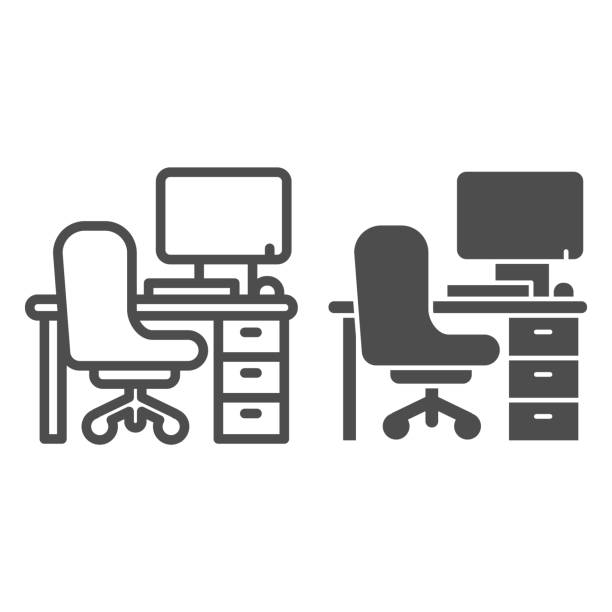 офисное кресло и стол с компьютерной линией и твердой иконой, концепцией дизайна интерьера, столом, стулом и компьютерным знаком на белом ф� - outline desk computer office stock illustrations