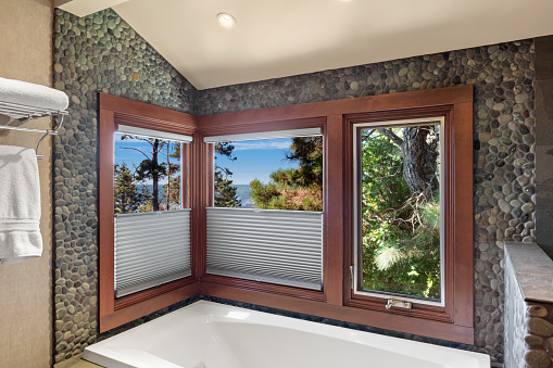 WINDOW TREATMENTS AND BLINDS in bathroom by bathtub with ocean view