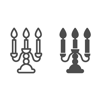 Antique candlestick with burning candles line and solid icon, room decor concept, candelabrum sign on white background, rarity candlestick icon in outline style for mobile concept. Vector graphics