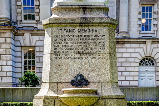Belfast, Ireland - July 14, 2019: Details of the city hall and Titanic memorial in Belfast Ireland