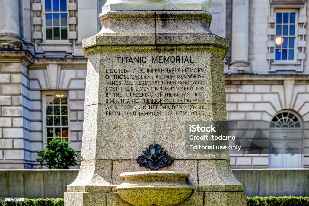 Details of the city hall and Titanic memorial in Belfast Ireland Belfast, Ireland - July 14, 2019: Details of the city hall and Titanic memorial in Belfast Ireland RMS Titanic Stock Photo