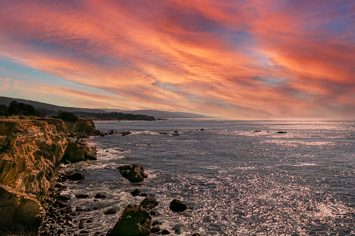 Sunset over Pacific ocean in northern California. The Sea Ranch.