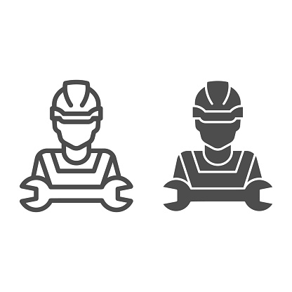 Man in helmet and wrench line and solid icon, repair concept, worker with tool sign on white background, repairman in hard hat and wrench icon in outline style. Vector graphics