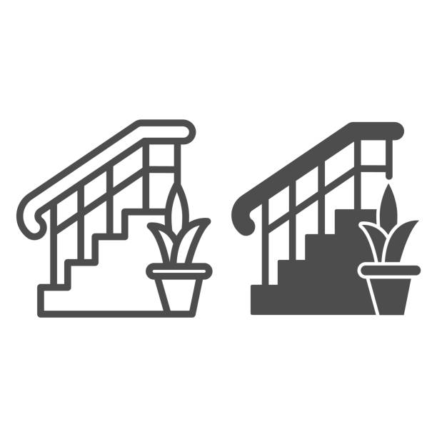 ilustraciones, imágenes clip art, dibujos animados e iconos de stock de escalera con barandillas y línea de planta e icono sólido, concepto de diseño de interiores, escalera y signo de flor sobre fondo blanco, icono de escalera en estilo de contorno para concepto móvil. gráficos vectoriales. - black ladder white staircase