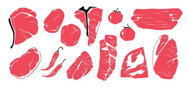 illustrazioni stock, clip art, cartoni animati e icone di tendenza di bistecca. filetto di doodle e pomodoro, pepe piccante in rosso. tagli di manzo disegnati a mano. schizzo di controfiletto, tri-tip e porterhouse o t-bone, rib-eye e mignon. fianco vettoriale e set di lame superiore - steak meat t bone steak raw