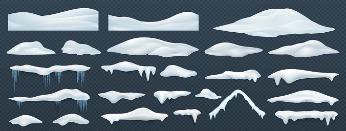 Snow piles. Realistic snowdrift, window and rooftop ice caps with icicles decorative elements. Winter white snowcaps, snowy top effect. Cold season snowflake template, vector frozen isolated set
