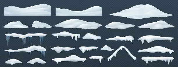 Vector illustration of Snow piles. Realistic winter white snowcaps, snowy top effect. Window and rooftop ice caps with icicles decorative elements. Cold season snowflake template, vector frozen isolated set