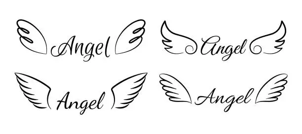 Vector illustration of Cartoon flying angel wings. Isolated signatures and one-line drawing. Cute angelic emblems with calligraphic text. Lettering decorative elegant templates for scrapbooking. Vector font set