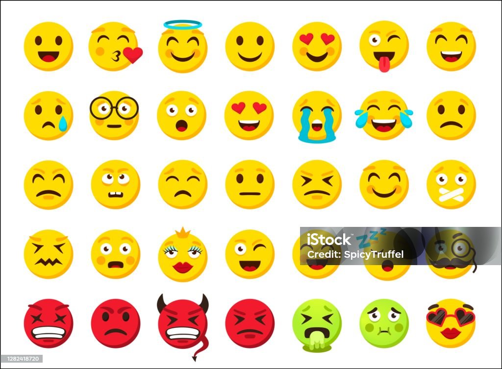 Cartoon Emoji Yellow And Red Evil Round Smiley Fun And Sad Facial Emotion  Clipart Online Messenger Sticker Smile Emoticon Symbols Chat Icons Vector  Web Template Isolated Set Stock Illustration - Download Image