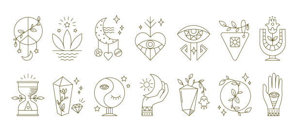 Boho symbols. Collection of contour pentagrams. Mystic astrology spiritual icons with moon alchemy hand and eye abstract elements, outline emblems for decoration. Vector flat isolated set Boho symbols. Mystic astrology spiritual icons with moon alchemy hand and eye abstract ornamental elements. Collection of contour pentagrams, outline emblems for decoration. Vector flat isolated set alchemy illustrations stock illustrations