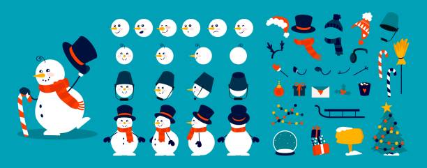 Snowman animation kit. Christmas construction elements, combinations of heads, body and arms in different poses. Winter hats, scarves and objects decorating snow figures, vector set Snowman animation kit. Christmas character construction elements, combination of heads, body and arms in different poses. Winter hats, scarves or objects decorating snow figure. Vector celebration set snowman stock illustrations