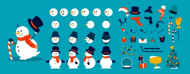 Snowman animation kit. Christmas construction elements, combinations of heads, body and arms in different poses. Winter hats, scarves and objects decorating snow figures, vector set Snowman animation kit. Christmas character construction elements, combination of heads, body and arms in different poses. Winter hats, scarves or objects decorating snow figure. Vector celebration set frost face stock illustrations
