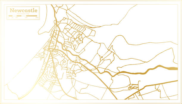 altın renk retro tarzı newcastle i̇ngiltere şehir haritası. anahat haritası. - newcastle stock illustrations
