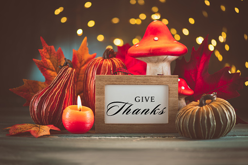 Thanksgiving decoration with pumpkins and candles on illuminated background and a rustic wooden table