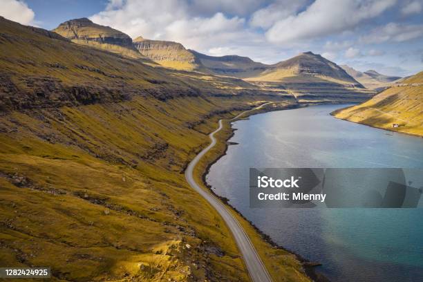 Lonely Coastal Road Funningsfjordur Fjord Eysturoy Island Faroe Islands Stock Photo - Download Image Now