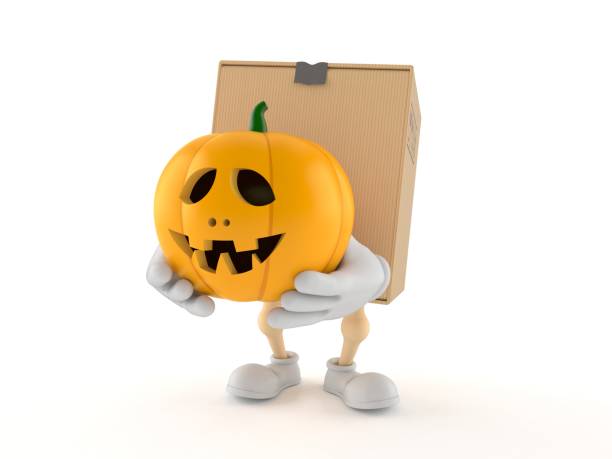 carácter del paquete sosteniendo jack o linterna - halloween pumpkin jack olantern industry fotografías e imágenes de stock